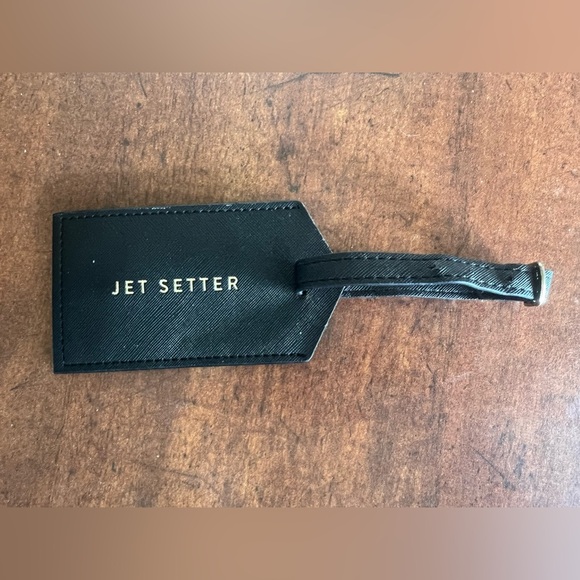 "Jet Setter" Leather Black and Gold Luggage‎ Tag with Information Sleeve - Picture 1 of 3
